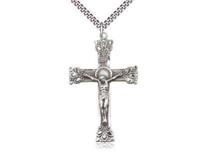 Sterling Silver Crucifix Pendant on a 24 inch Light Rhodium Heavy Curb Chain - Unique Catholic Gifts