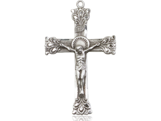 Sterling Silver Crucifix Pendant on a 24 inch Light Rhodium Heavy Curb Chain - Unique Catholic Gifts