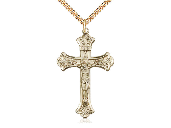 14kt Gold Filled Crucifix Pendant on a 24 inch Gold Plate Heavy Curb Chain - Unique Catholic Gifts