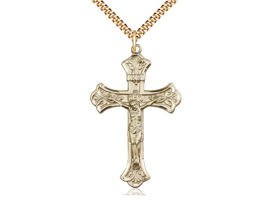 14kt Gold Filled Crucifix Pendant on a 24 inch Gold Plate Heavy Curb Chain - Unique Catholic Gifts