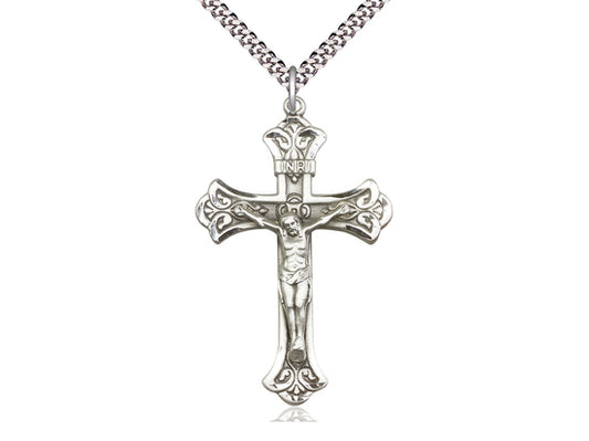 Sterling Silver Crucifix Pendant on a 24 inch Light Rhodium Heavy Curb Chain - Unique Catholic Gifts