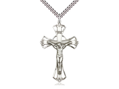 Sterling Silver Crucifix Pendant on a 24 inch Light Rhodium Heavy Curb Chain. - Unique Catholic Gifts