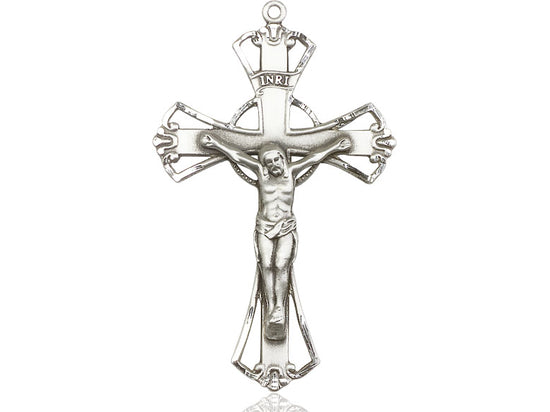 Sterling Silver Crucifix Pendant on a 24 inch Light Rhodium Heavy Curb Chain. - Unique Catholic Gifts