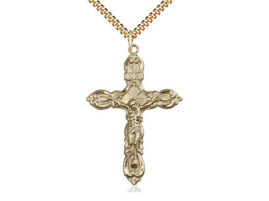 14kt Gold Filled Crucifix Pendant on a 24 inch Gold Plate Heavy Curb Chain. - Unique Catholic Gifts
