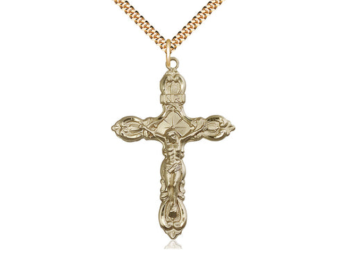 14kt Gold Filled Crucifix Pendant on a 24 inch Gold Plate Heavy Curb Chain. - Unique Catholic Gifts