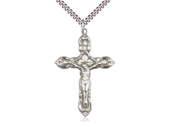 Sterling Silver Crucifix Pendant on a 24 inch Light Rhodium Heavy Curb Chain - Unique Catholic Gifts