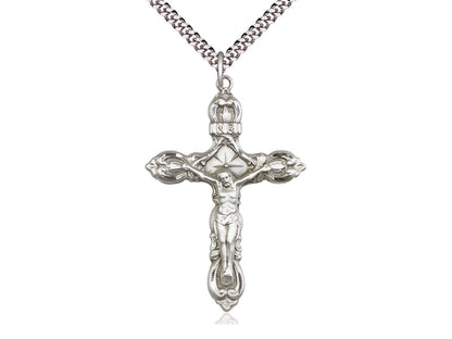 Sterling Silver Crucifix Pendant on a 24 inch Light Rhodium Heavy Curb Chain - Unique Catholic Gifts