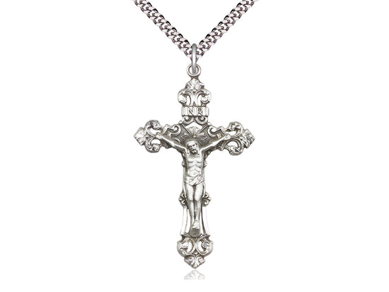 Sterling Silver Crucifix Pendant on a 24 inch Light Rhodium Heavy Curb Chain - Unique Catholic Gifts
