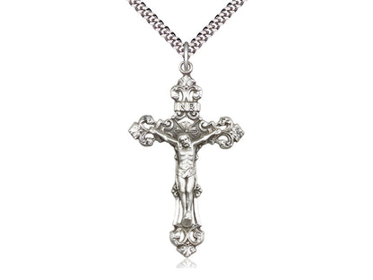 Sterling Silver Crucifix Pendant on a 24 inch Light Rhodium Heavy Curb Chain - Unique Catholic Gifts