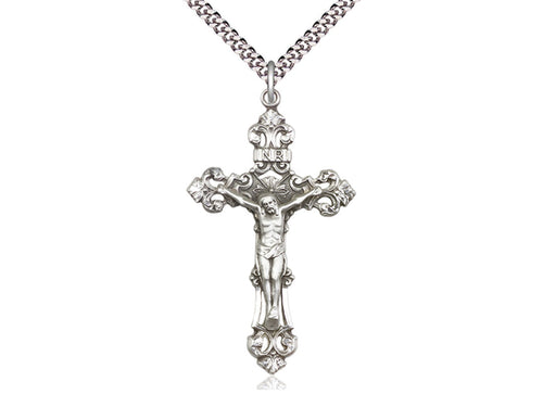 Sterling Silver Crucifix Pendant on a 24 inch Light Rhodium Heavy Curb Chain - Unique Catholic Gifts