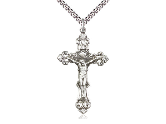 Sterling Silver Crucifix Pendant on a 24 inch Light Rhodium Heavy Curb Chain - Unique Catholic Gifts