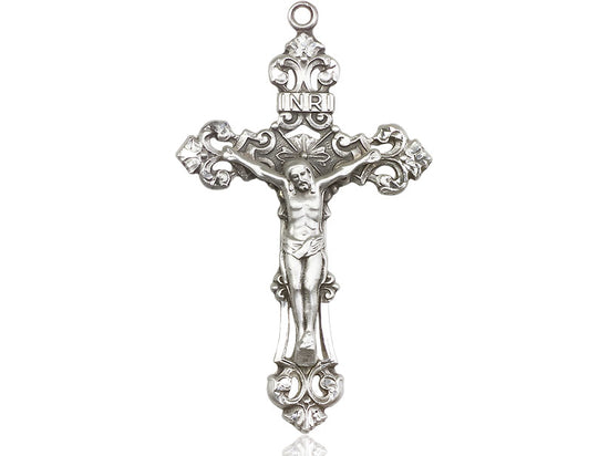 Sterling Silver Crucifix Pendant on a 24 inch Light Rhodium Heavy Curb Chain - Unique Catholic Gifts