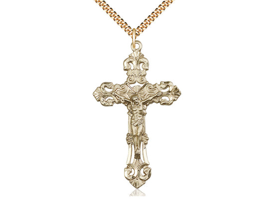 14kt Gold Filled Crucifix Pendant on a 24 inch Gold Plate Heavy Curb Chain - Unique Catholic Gifts