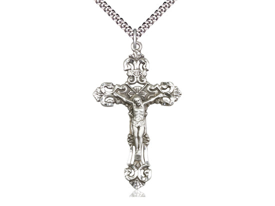 Sterling Silver Crucifix Pendant on a 24 inch Light Rhodium Heavy Curb Chain - Unique Catholic Gifts