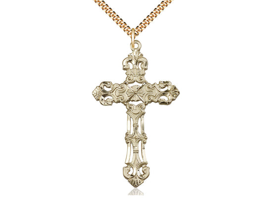 14kt Gold Filled Cross Pendant on a 24 inch Gold Plate Heavy Curb Chain - Unique Catholic Gifts