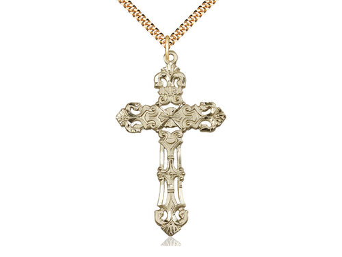 14kt Gold Filled Cross Pendant on a 24 inch Gold Plate Heavy Curb Chain - Unique Catholic Gifts