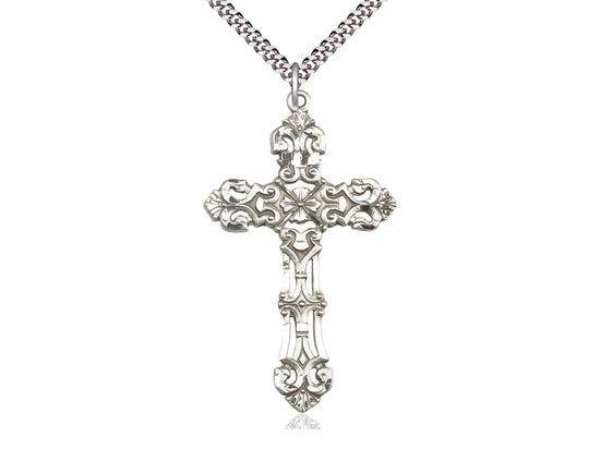 Sterling Silver Cross Pendant on a 24 inch Light Rhodium Heavy Curb Chain - Unique Catholic Gifts