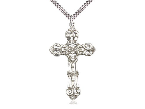 Sterling Silver Cross Pendant on a 24 inch Light Rhodium Heavy Curb Chain - Unique Catholic Gifts