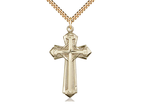 14kt Gold Filled Cross Pendant on a 24 inch Gold Plate Heavy Curb Chain - Unique Catholic Gifts
