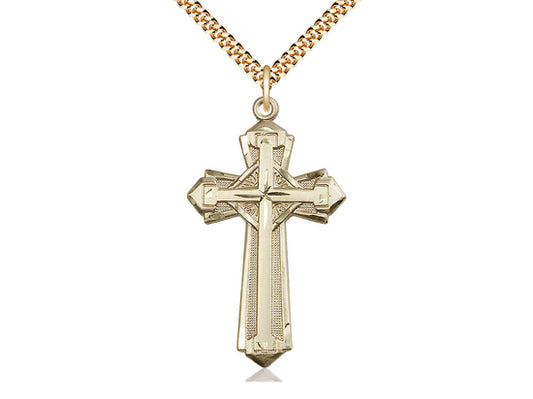 14kt Gold Filled Cross Pendant on a 24 inch Gold Plate Heavy Curb Chain - Unique Catholic Gifts
