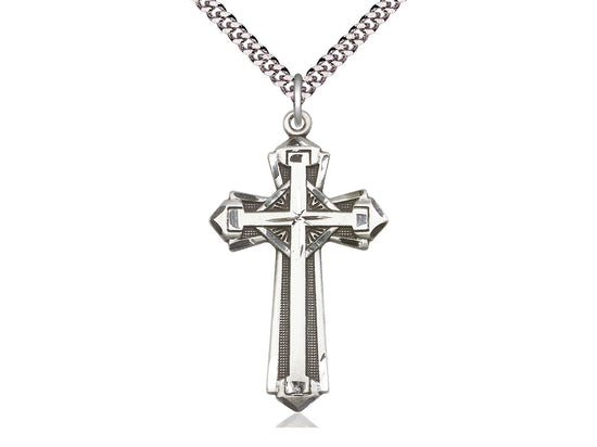 Sterling Silver Cross Pendant on a 24 inch Light Rhodium Heavy Curb Chain. - Unique Catholic Gifts
