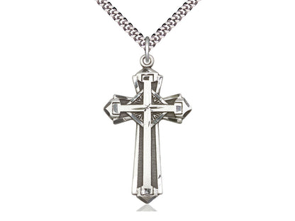 Sterling Silver Cross Pendant on a 24 inch Light Rhodium Heavy Curb Chain. - Unique Catholic Gifts