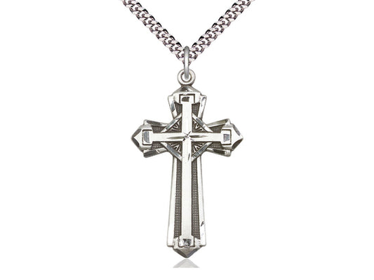 Sterling Silver Cross Pendant on a 24 inch Light Rhodium Heavy Curb Chain. - Unique Catholic Gifts