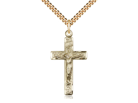 14kt Gold Filled Crucifix Pendant on a 24" Gold Plate Heavy Curb Chain - Unique Catholic Gifts