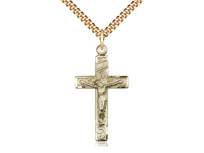 14kt Gold Filled Crucifix Pendant on a 24" Gold Plate Heavy Curb Chain - Unique Catholic Gifts