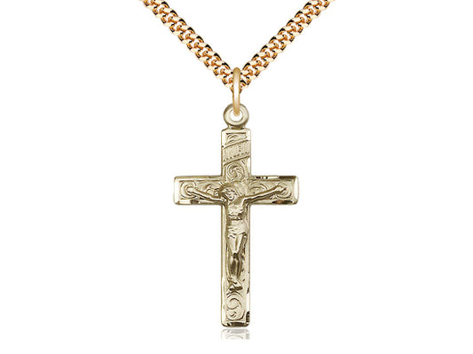 14kt Gold Filled Crucifix Pendant on a 24" Gold Plate Heavy Curb Chain - Unique Catholic Gifts