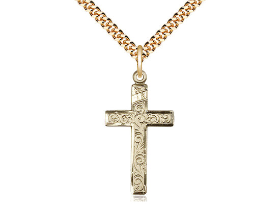 14kt Gold Filled Cross Pendant on a 24 inch Gold Plate Heavy Curb Chain - Unique Catholic Gifts