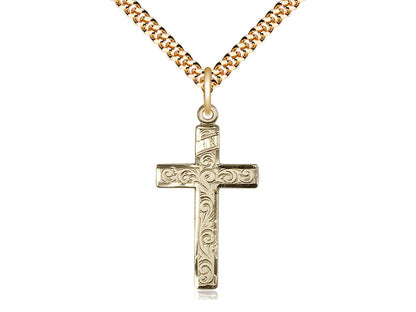 14kt Gold Filled Cross Pendant on a 24 inch Gold Plate Heavy Curb Chain - Unique Catholic Gifts