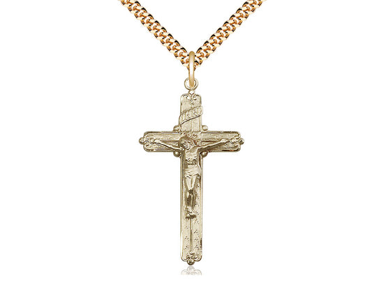14kt Gold Filled Crucifix Pendant on a 24 inch Gold Plate Heavy Curb Chain - Unique Catholic Gifts