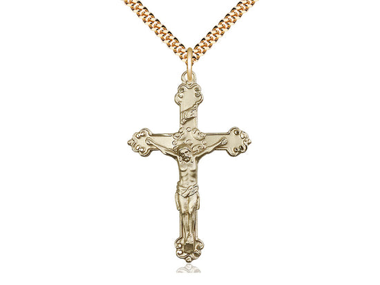 14kt Gold Filled Crucifix Pendant on a 24 inch Gold Plate Heavy Curb Chain - Unique Catholic Gifts