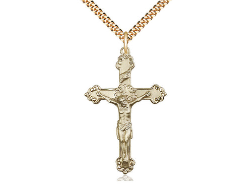 14kt Gold Filled Crucifix Pendant on a 24 inch Gold Plate Heavy Curb Chain - Unique Catholic Gifts