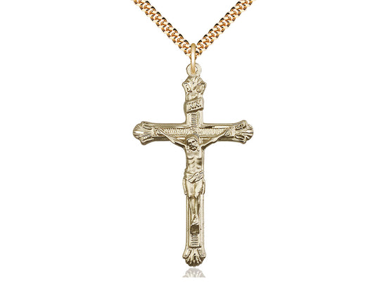 14kt Gold Filled Crucifix Pendant on a 24 inch Gold Plate Heavy Curb Chain - Unique Catholic Gifts