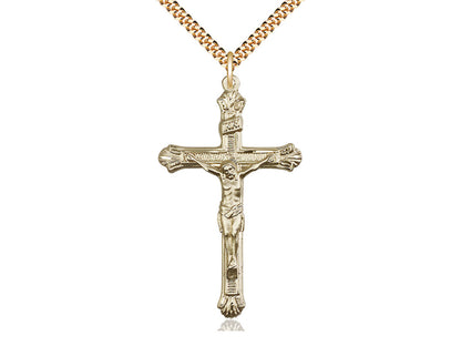 14kt Gold Filled Crucifix Pendant on a 24 inch Gold Plate Heavy Curb Chain - Unique Catholic Gifts