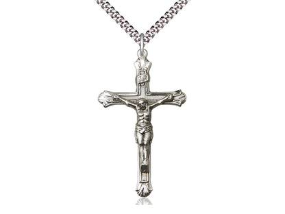 Sterling Silver Crucifix Pendant on a 24 inch Light Rhodium Heavy Curb Chain - Unique Catholic Gifts