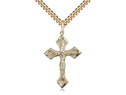 14kt Gold Filled Crucifix Pendant on a 24 inch Gold Plate Heavy Curb Chain - Unique Catholic Gifts