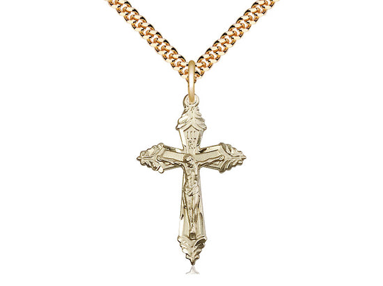 14kt Gold Filled Crucifix Pendant on a 24 inch Gold Plate Heavy Curb Chain. - Unique Catholic Gifts
