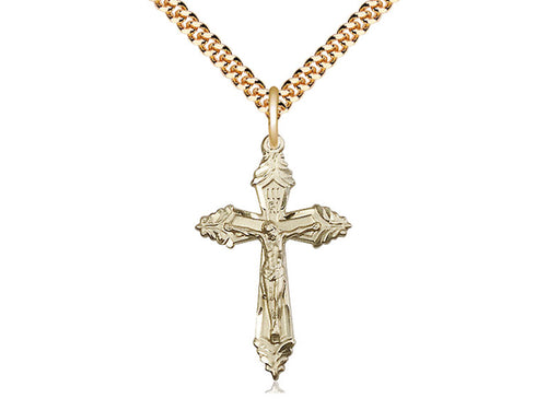 14kt Gold Filled Crucifix Pendant on a 24 inch Gold Plate Heavy Curb Chain. - Unique Catholic Gifts
