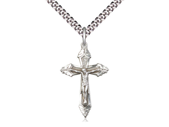 Sterling Silver Crucifix Pendant on a 24 inch Light Rhodium Heavy Curb Chain - Unique Catholic Gifts
