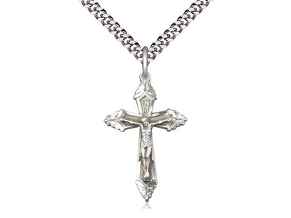 Sterling Silver Crucifix Pendant on a 24 inch Light Rhodium Heavy Curb Chain - Unique Catholic Gifts