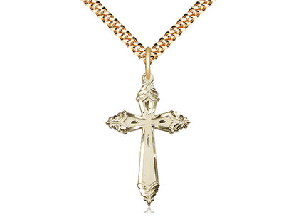 14kt Gold Filled Cross Pendant on a 24 inch Gold Plate Heavy Curb Chain - Unique Catholic Gifts