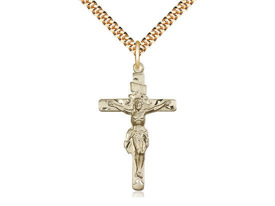 14kt Gold Filled Crucifix Pendant on a 24 inch Gold Plate Heavy Curb Chain - Unique Catholic Gifts