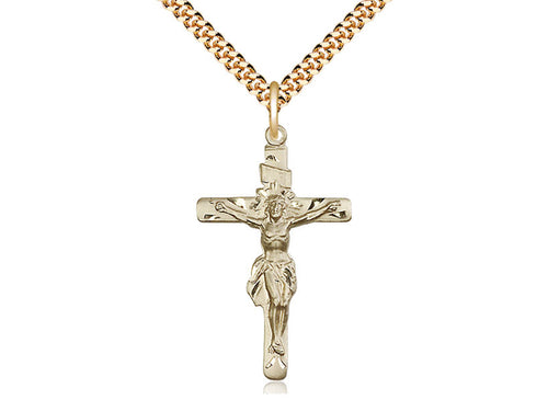 14kt Gold Filled Crucifix Pendant on a 24 inch Gold Plate Heavy Curb Chain - Unique Catholic Gifts