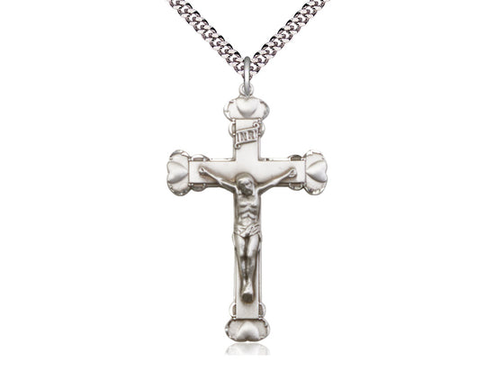 Sterling Silver Crucifix Pendant on a 24 inch Light Rhodium Heavy Curb Chain - Unique Catholic Gifts