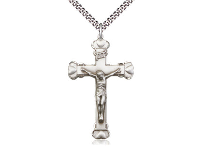 Sterling Silver Crucifix Pendant on a 24 inch Light Rhodium Heavy Curb Chain - Unique Catholic Gifts