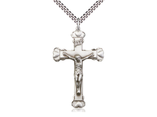 Sterling Silver Crucifix Pendant on a 24 inch Light Rhodium Heavy Curb Chain - Unique Catholic Gifts
