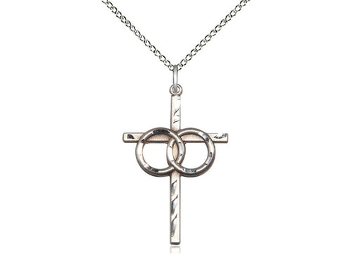 Sterling Silver Wedding Rings Cross Pendant on a 18 inch Sterling Silver Light Curb Chain - Unique Catholic Gifts